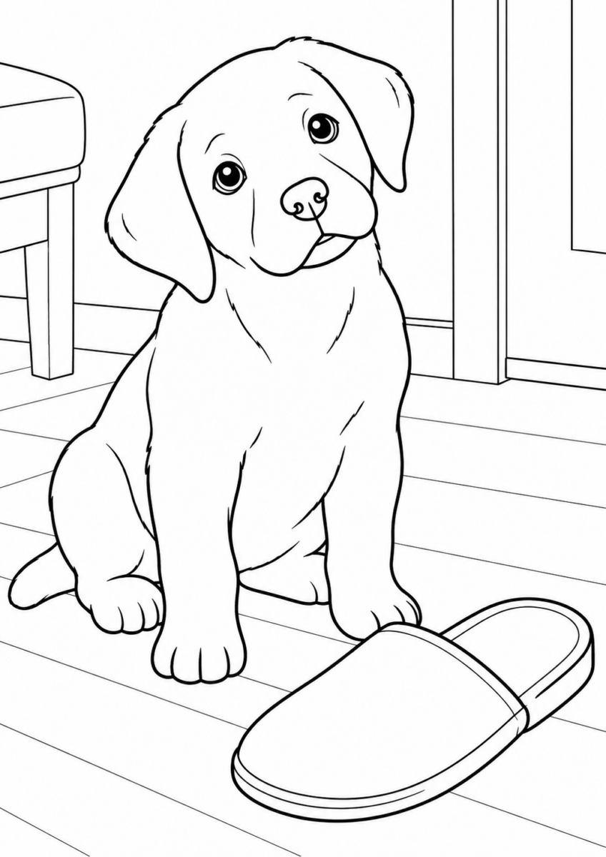 スリッパを見つけた子犬を描いた高齢者向けの白黒線画塗り絵