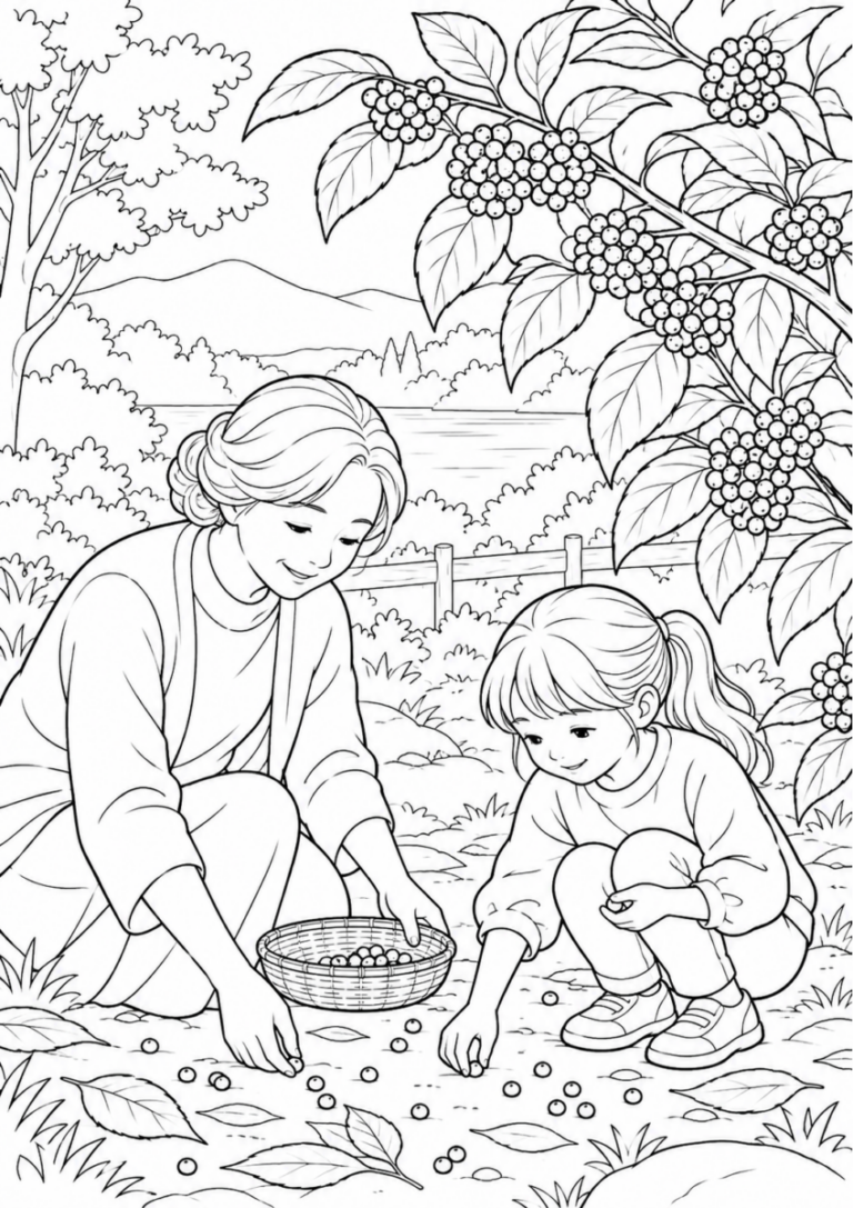 紫式部の実を10月の場面として描いた高齢者向けの白黒線画塗り絵