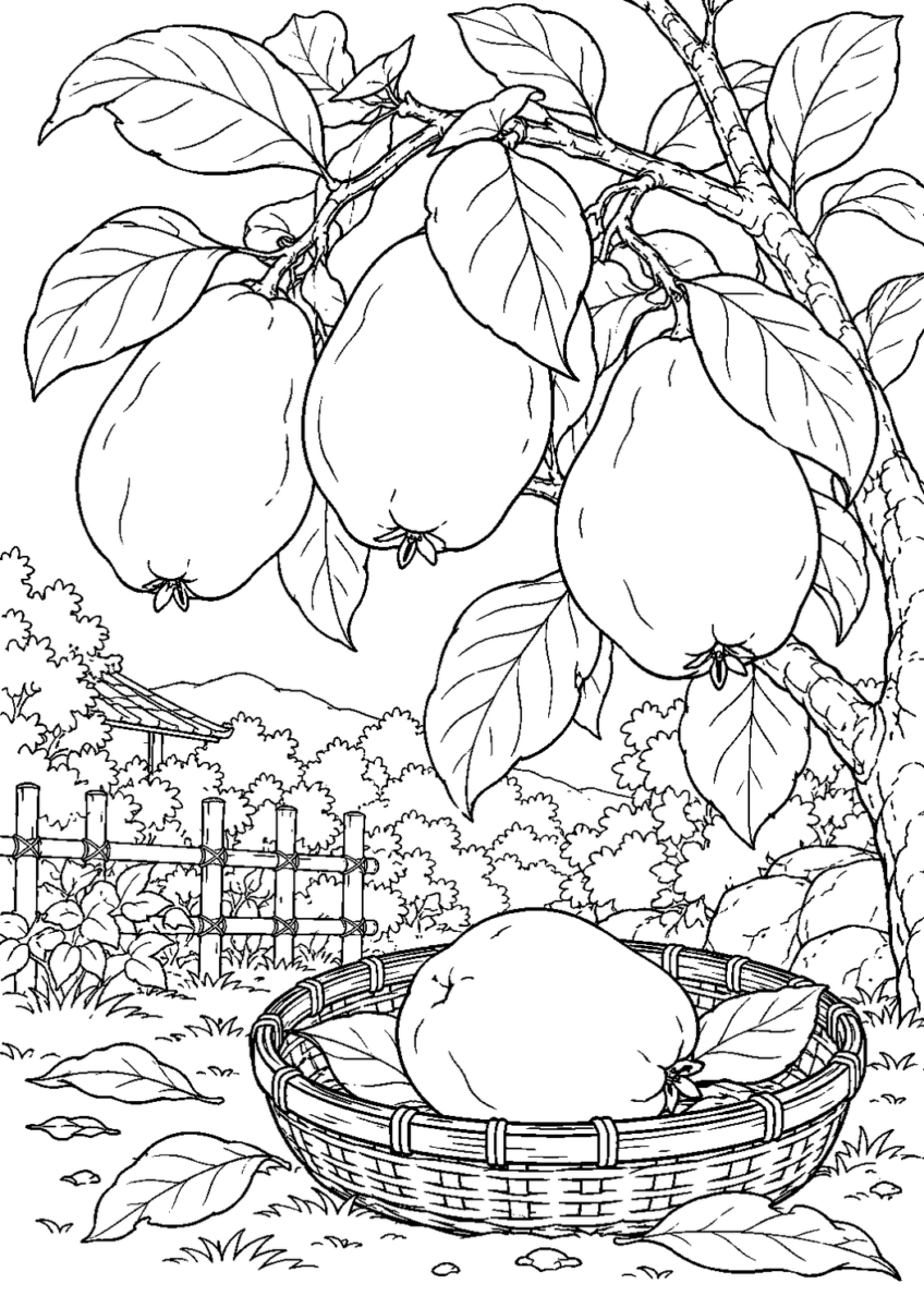カリンの実を10月の場面として描いた高齢者向けの白黒線画塗り絵