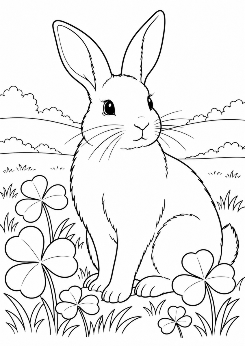 クローバーの中のうさぎを描いた高齢者向けの白黒線画塗り絵