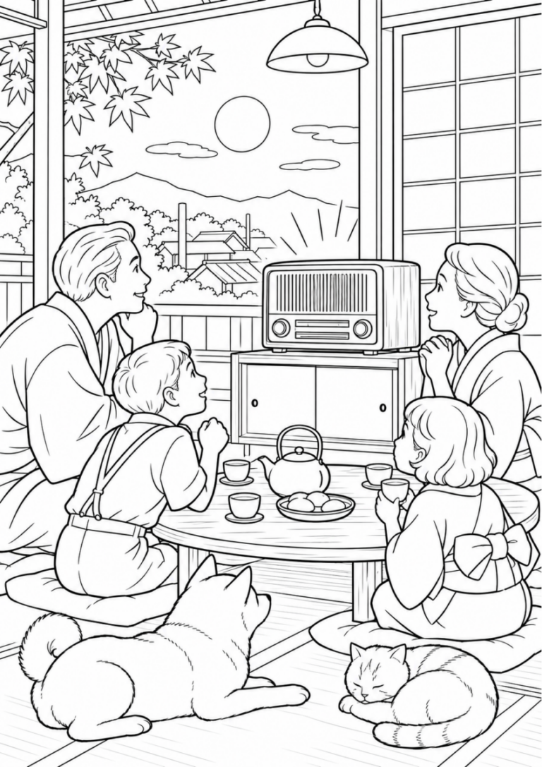 ラジオで野球を聴く秋の夜を10月の場面として描いた高齢者向けの白黒線画塗り絵