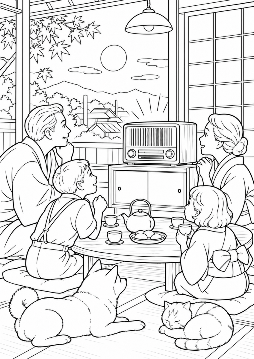 ラジオで野球を聴く秋の夜を10月の場面として描いた高齢者向けの白黒線画塗り絵