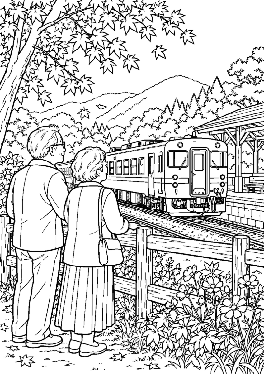 鉄道の日に列車を眺めるを10月の場面として描いた高齢者向けの白黒線画塗り絵