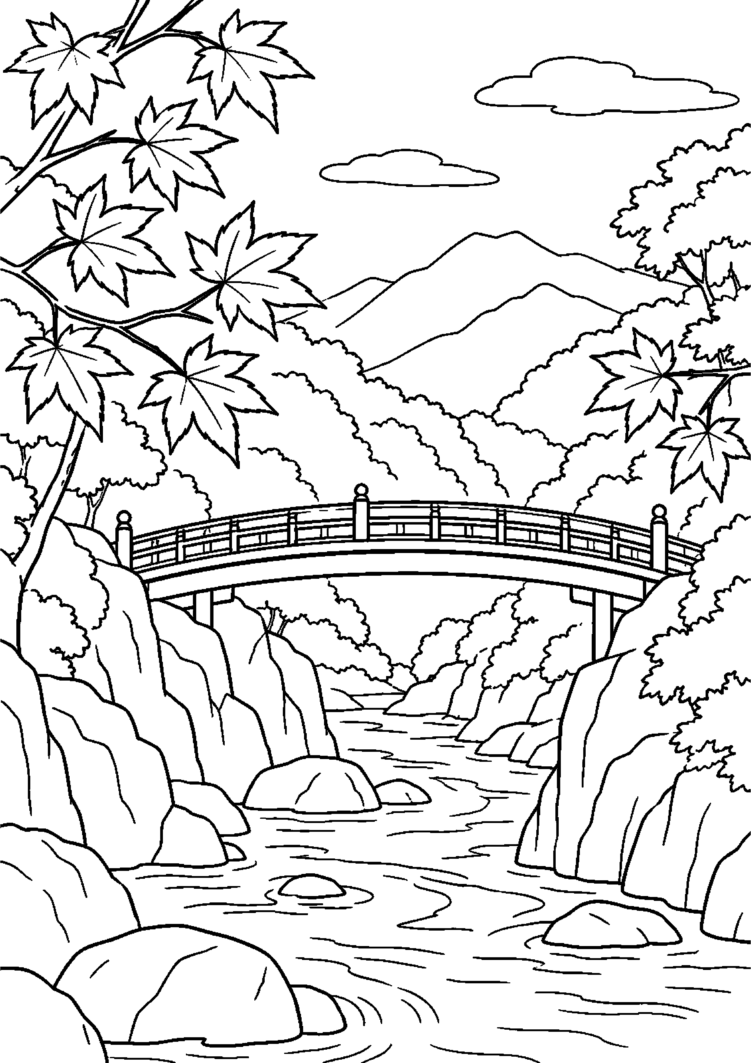 【11月】赤い橋と渓谷の紅葉の塗り絵