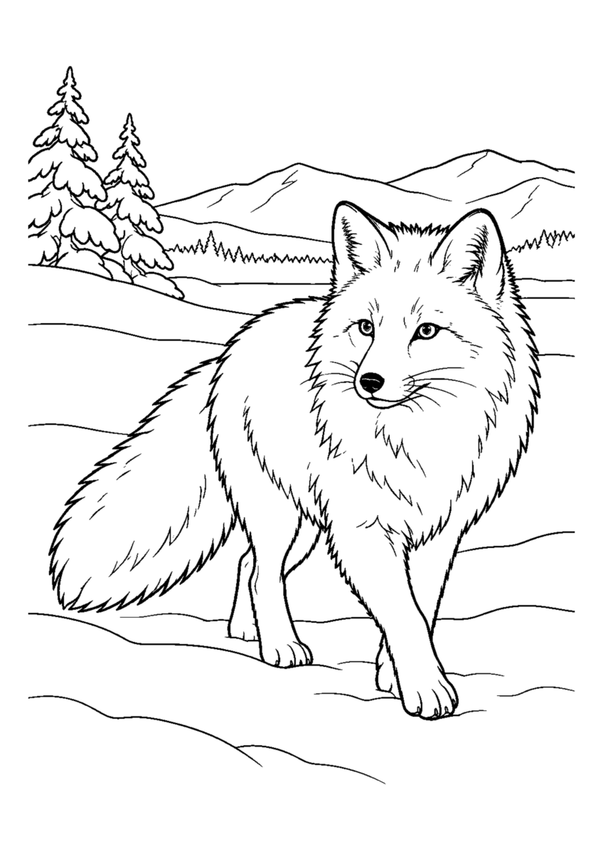 雪原を歩く冬毛のキタキツネ1匹。白黒の高齢者向け塗り絵
