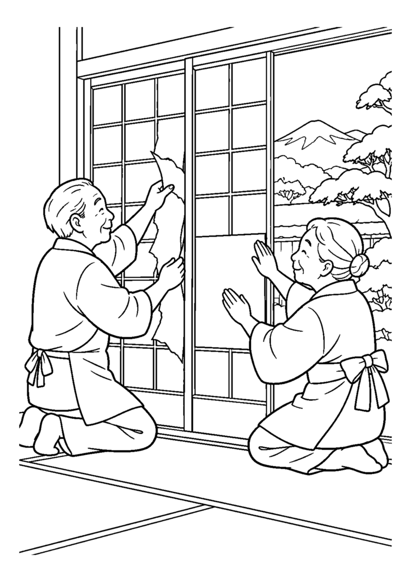 【１２月】年末の障子紙張りの塗り絵