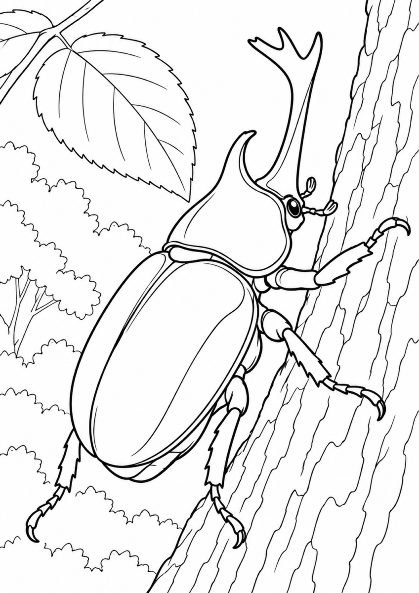 木の幹のカブトムシを描いた高齢者向けの白黒線画塗り絵