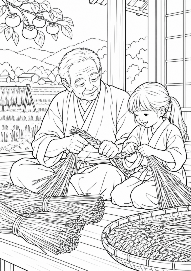 稲わらで縄ないを10月の場面として描いた高齢者向けの白黒線画塗り絵