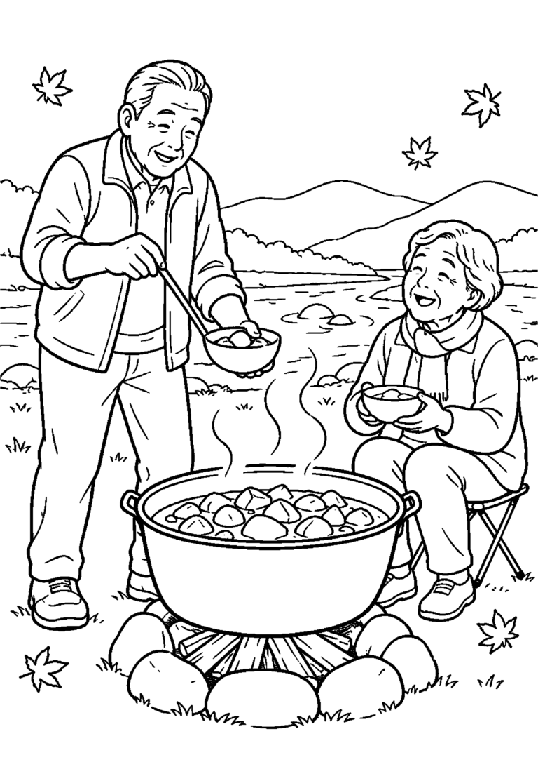 河原で根菜の大鍋を囲み椀によそう高齢者向けの白黒塗り絵