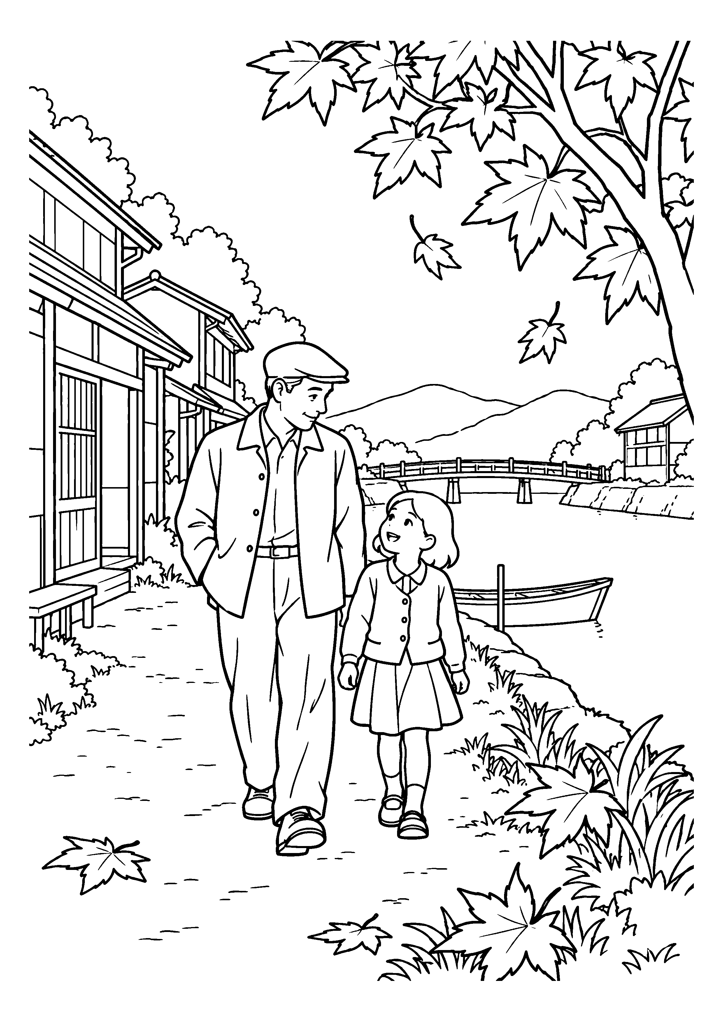 【１１月】川沿いの散歩道の塗り絵