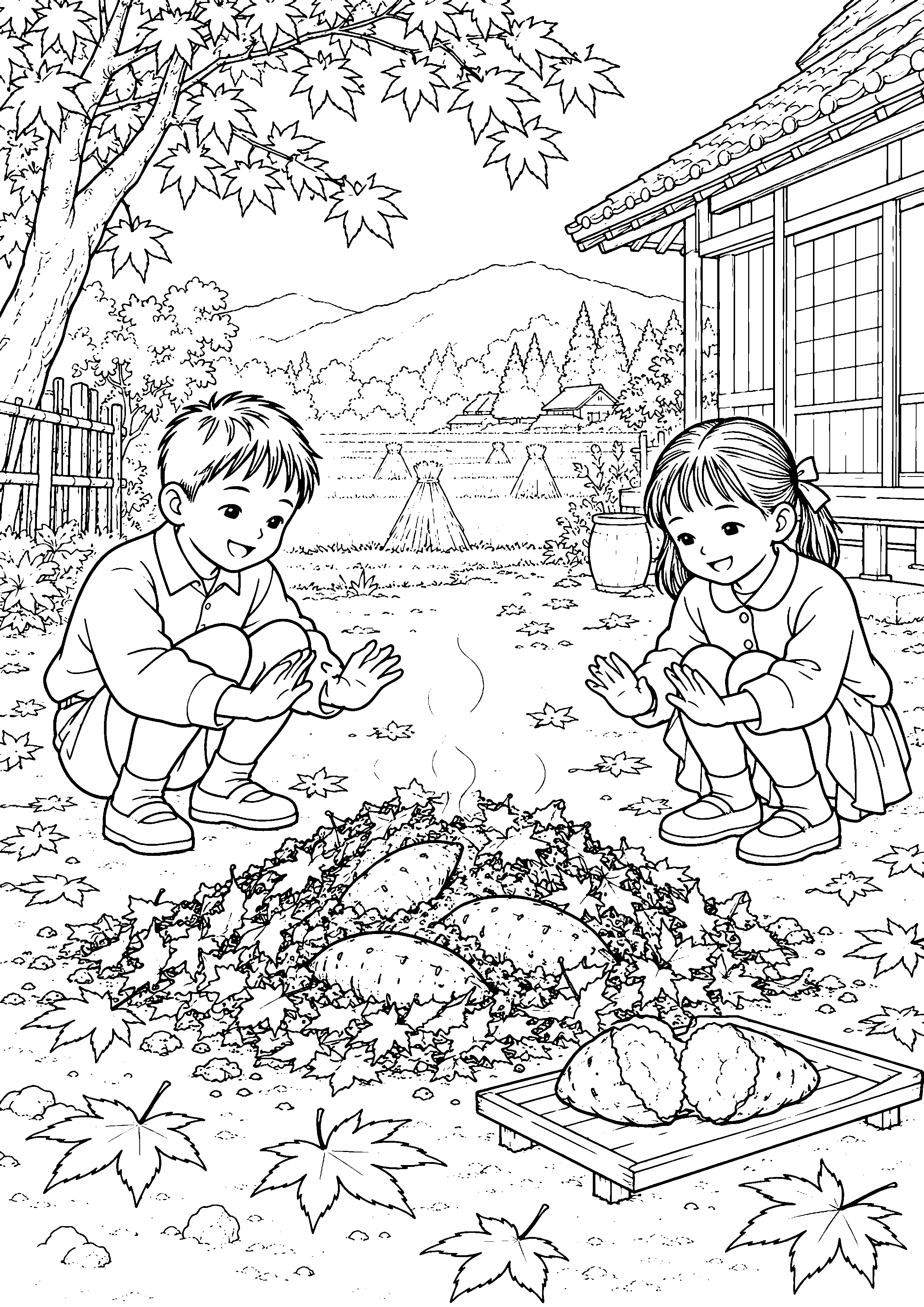 秋の庭で落ち葉の焼き芋を待つ子どもたちの白黒塗り絵