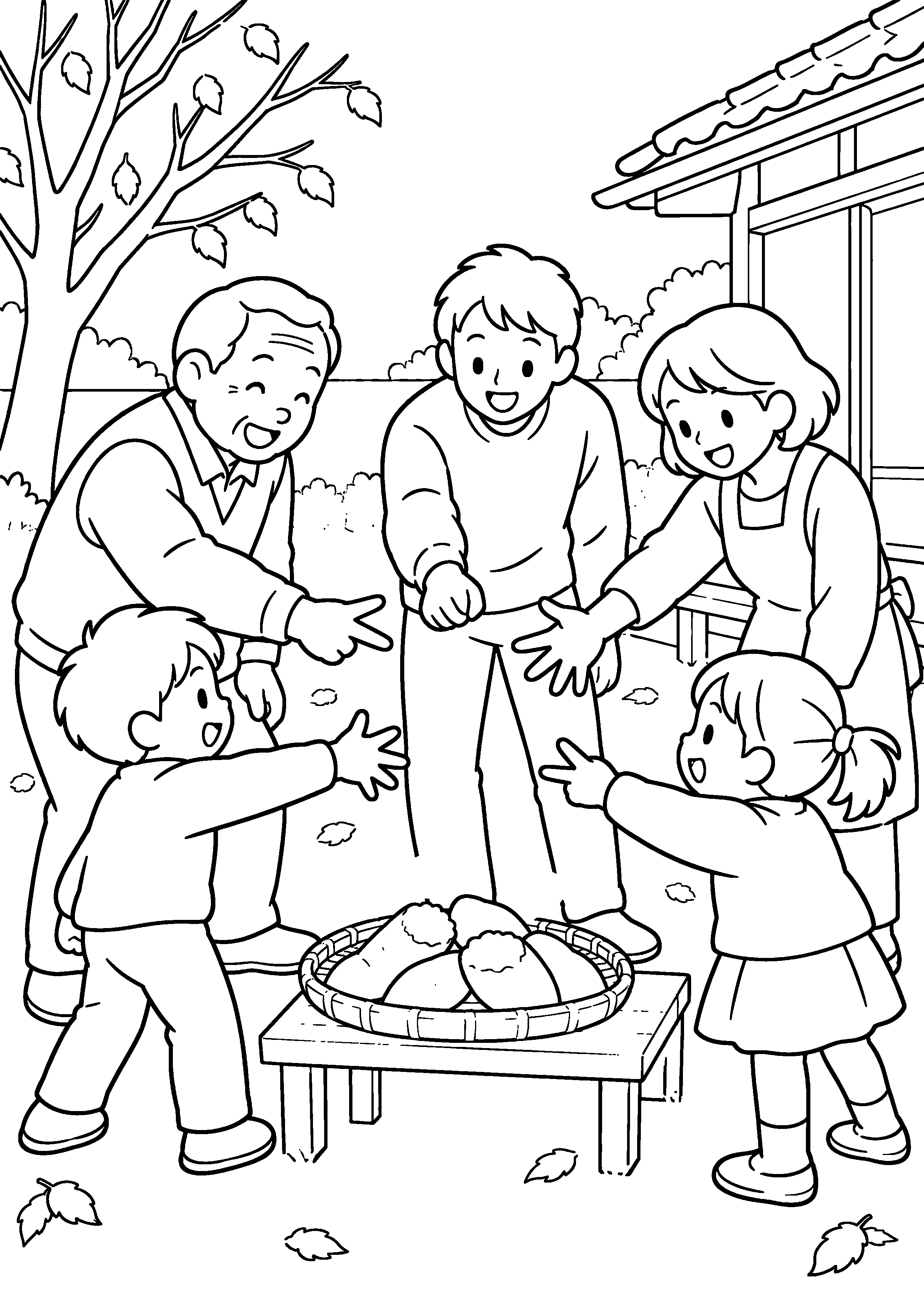晩秋の庭先で、家族が焼き芋を分ける前に輪になってじゃんけんをしている様子を、太く見やすい黒線で描いた高齢者向け塗り絵