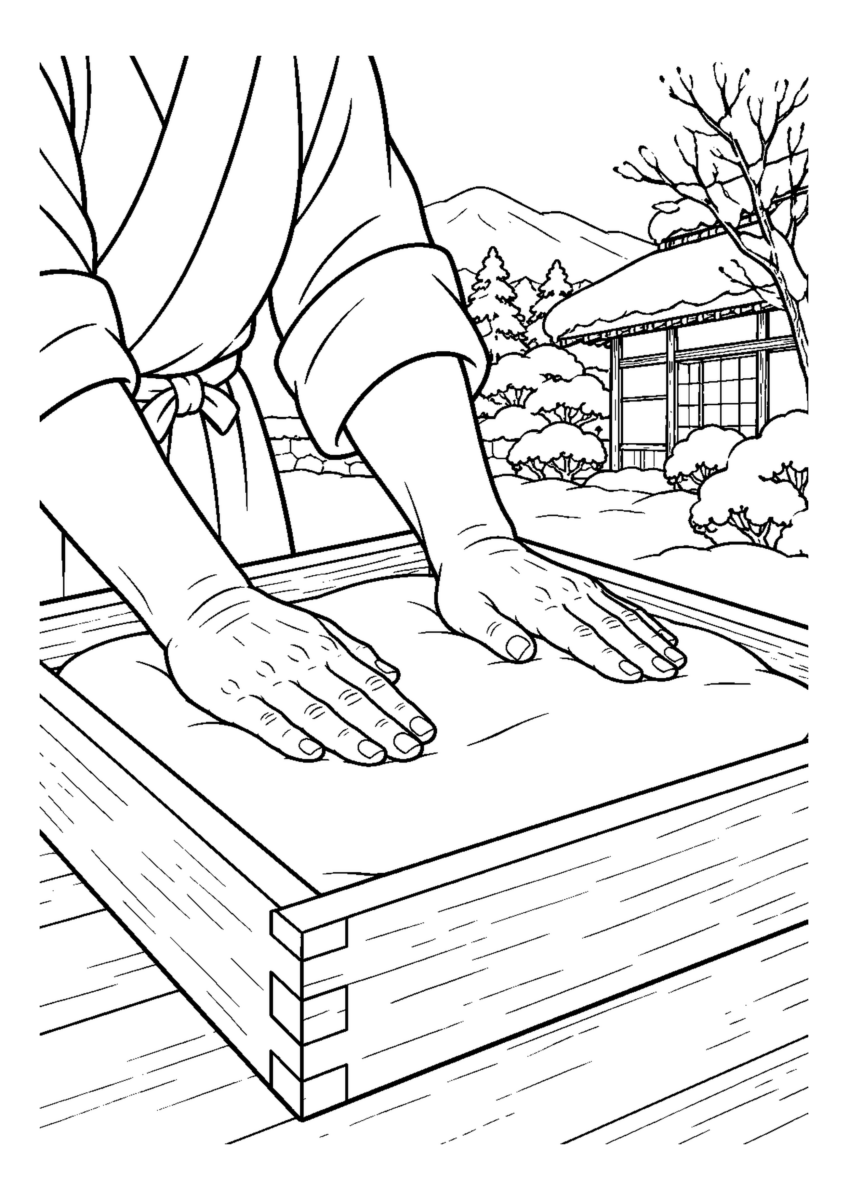 つきたて餅を木枠で平らにのす手元。白黒の高齢者向け塗り絵