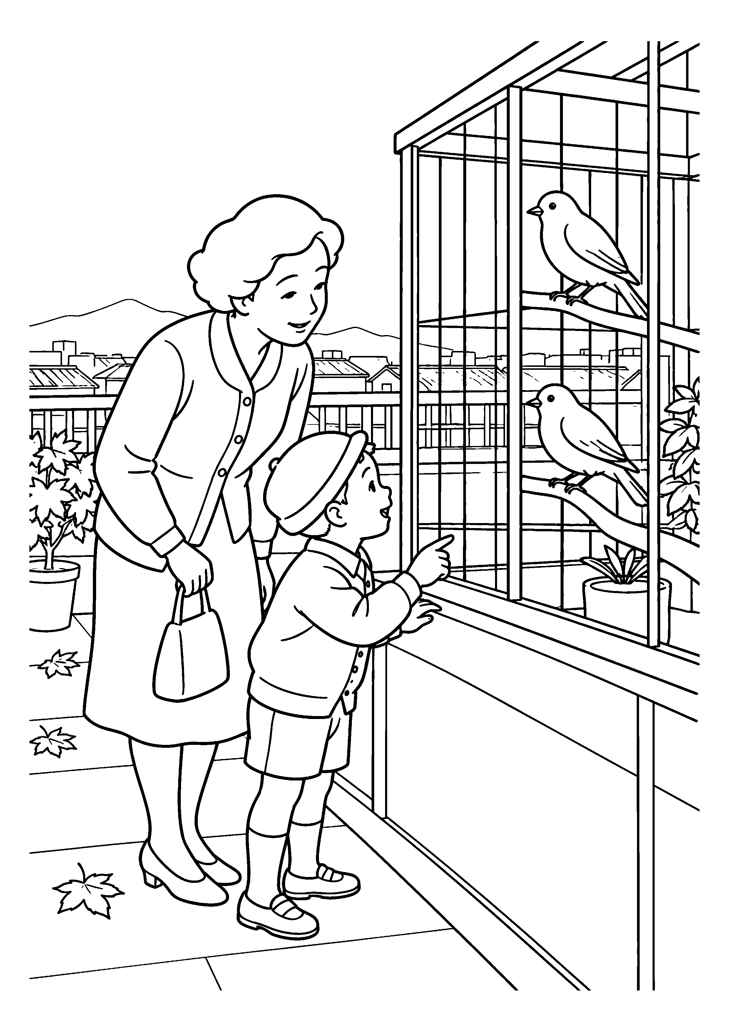 【11月】屋上の小鳥を眺める親子の塗り絵