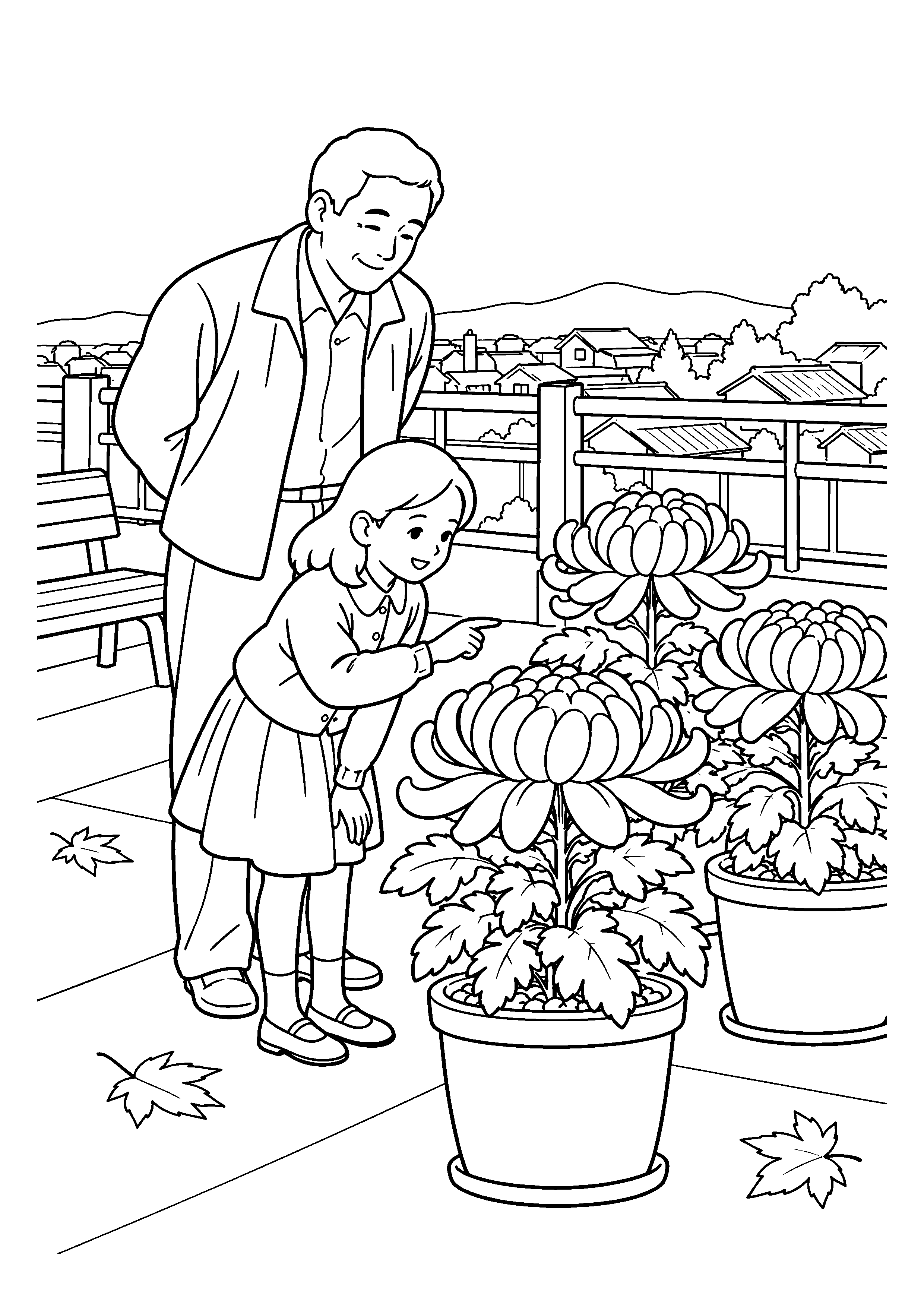 【11月】屋上に並ぶ菊の鉢の塗り絵