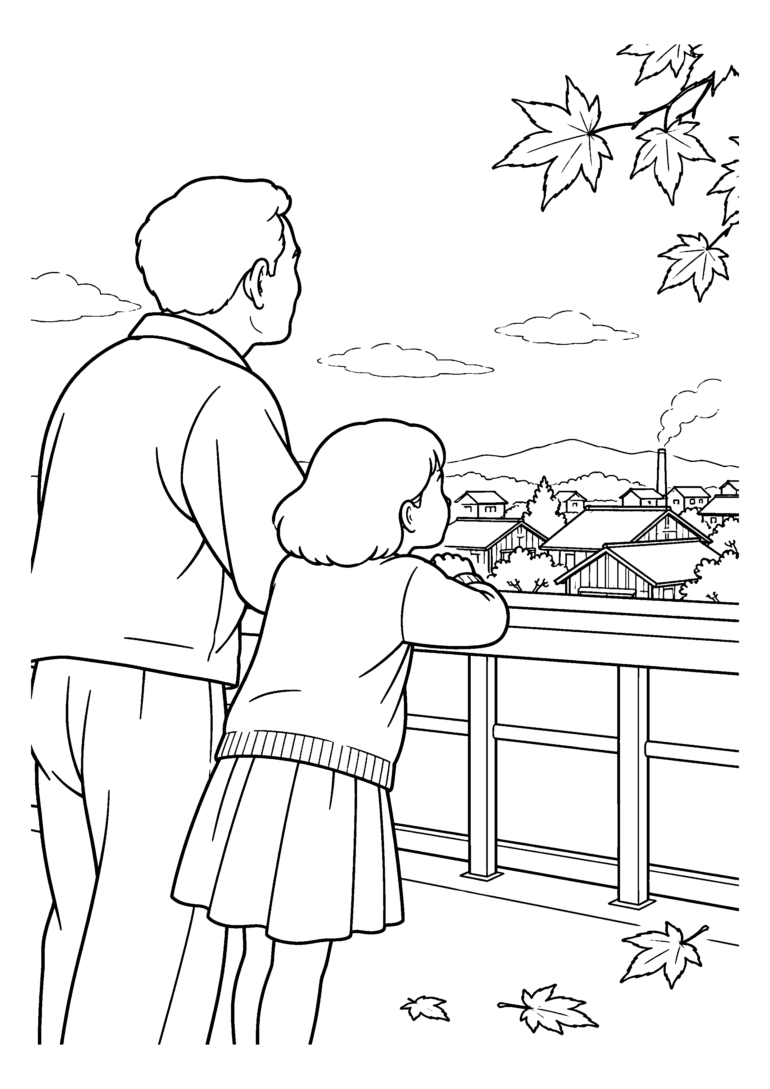 昭和２０年代後半の１１月をイメージした屋上から眺める町の屋根の白黒塗り絵