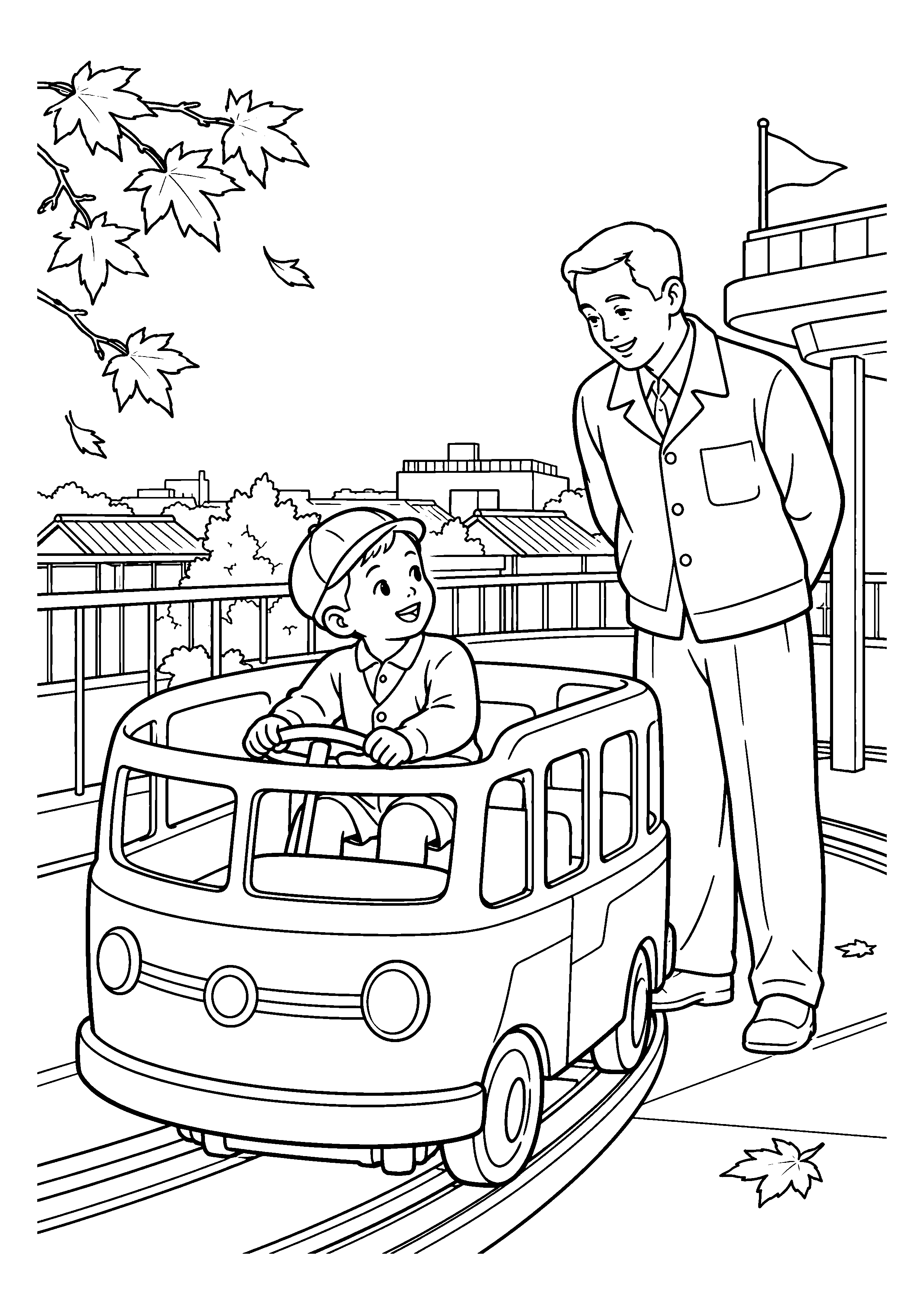 昭和２０年代後半の１１月をイメージしたデパート屋上の子ども電気バスの白黒塗り絵