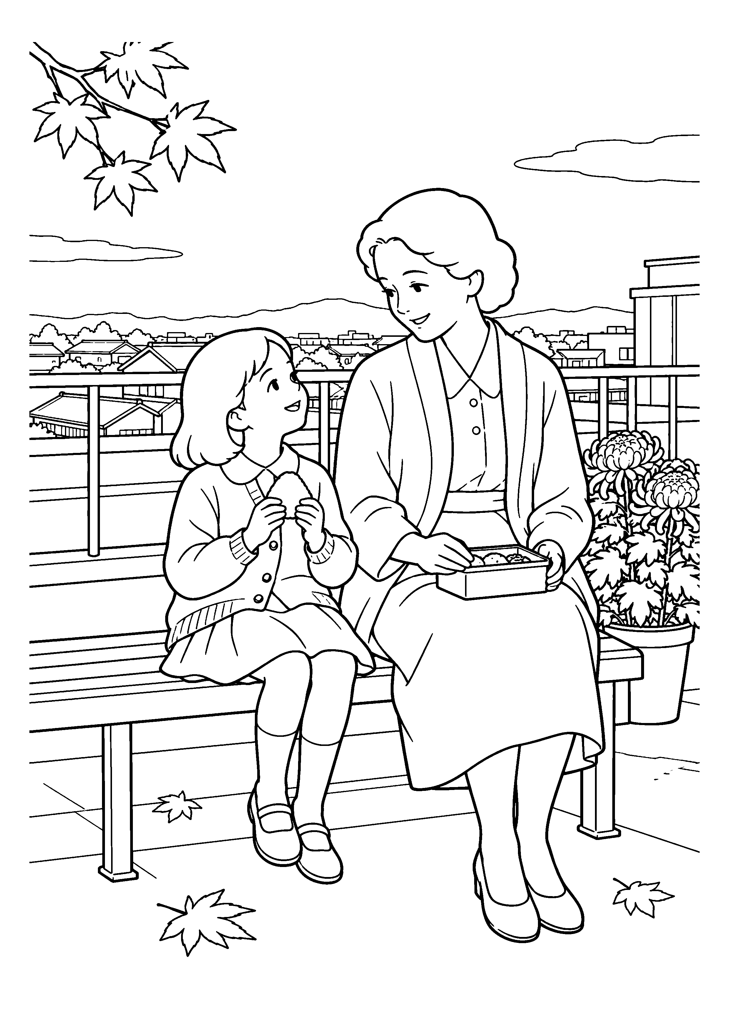 昭和２０年代後半の１１月をイメージした屋上のベンチでひと休みの白黒塗り絵