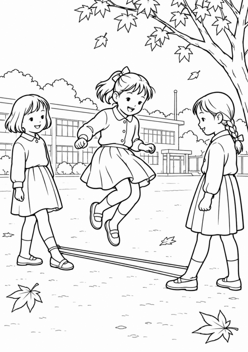 秋の校庭で、二人が長いゴムひもの両端を足に掛け、もう一人が中央を跳んでいる様子を、太く見やすい黒線で描いた高齢者向け塗り絵