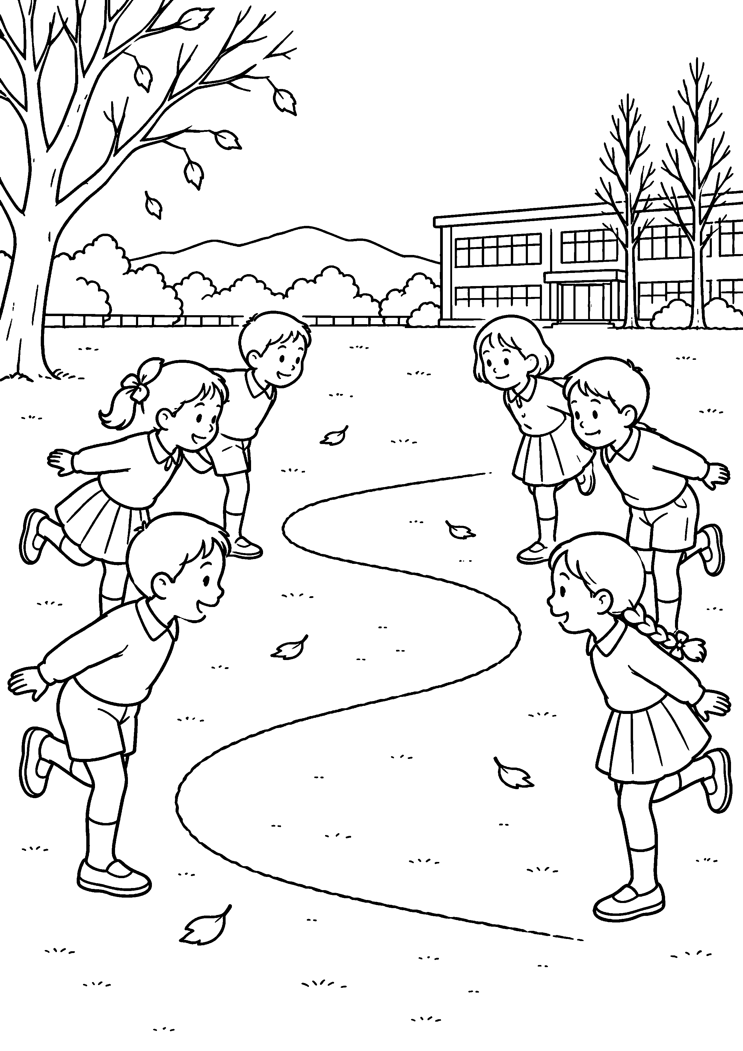 晩秋の校庭で、地面に大きく描いたS字の陣地を挟み、二組の子どもが片足で向き合っている様子を、太く見やすい黒線で描いた高齢者向け塗り絵