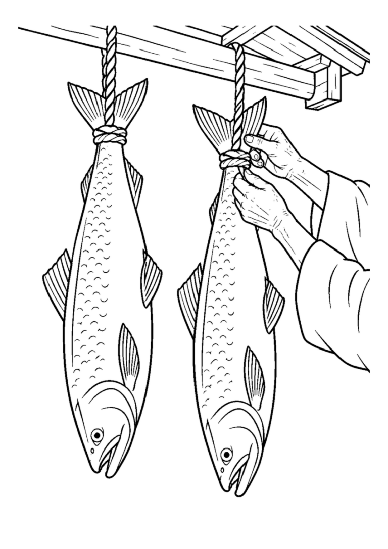 尾を縄で結んだ鮭2尾を軒先に吊り、体の線とひれを大きく描く。白黒の高齢者向け塗り絵