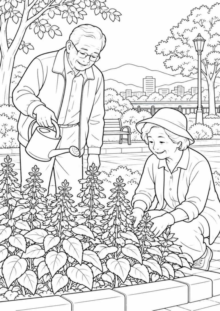 サルビアの花壇を10月の場面として描いた高齢者向けの白黒線画塗り絵