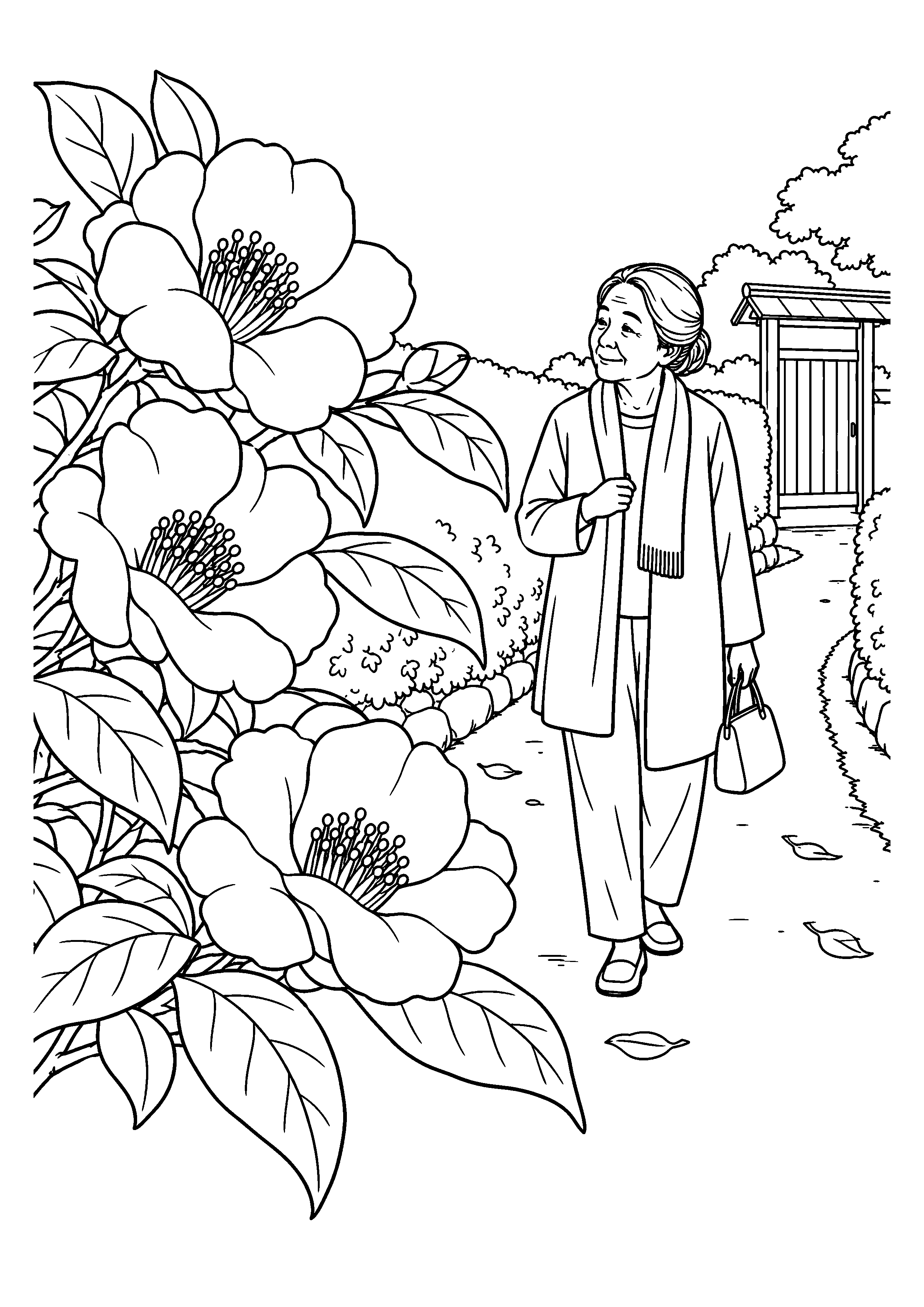 【11月】山茶花の垣根の塗り絵
