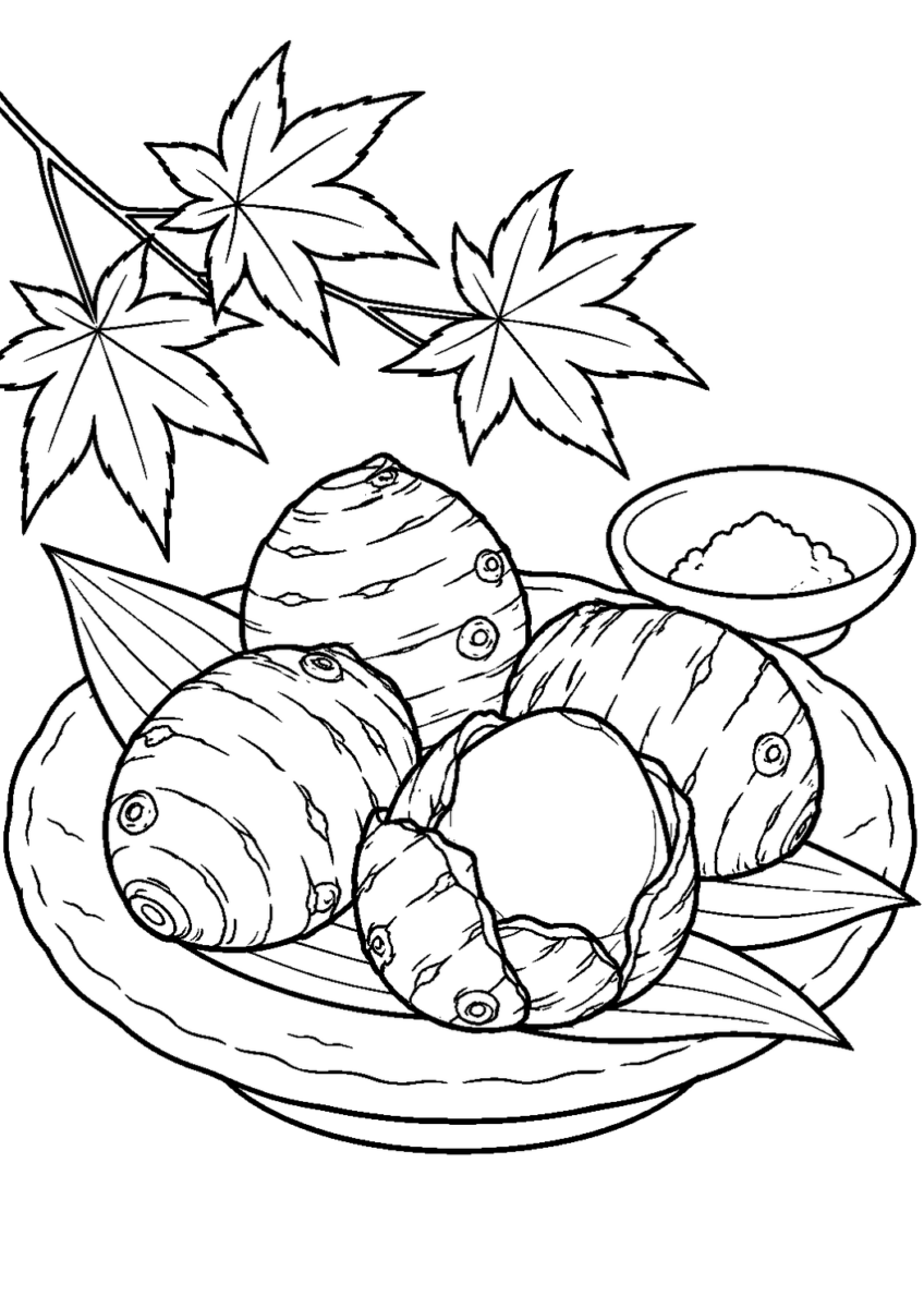 里芋のきぬかつぎを10月の場面として描いた高齢者向けの白黒線画塗り絵