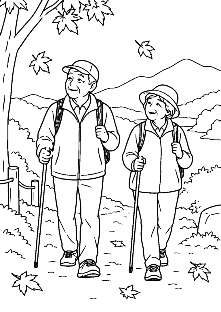 落ち葉の里山道を杖で歩き紅葉を眺める高齢者向けの白黒塗り絵