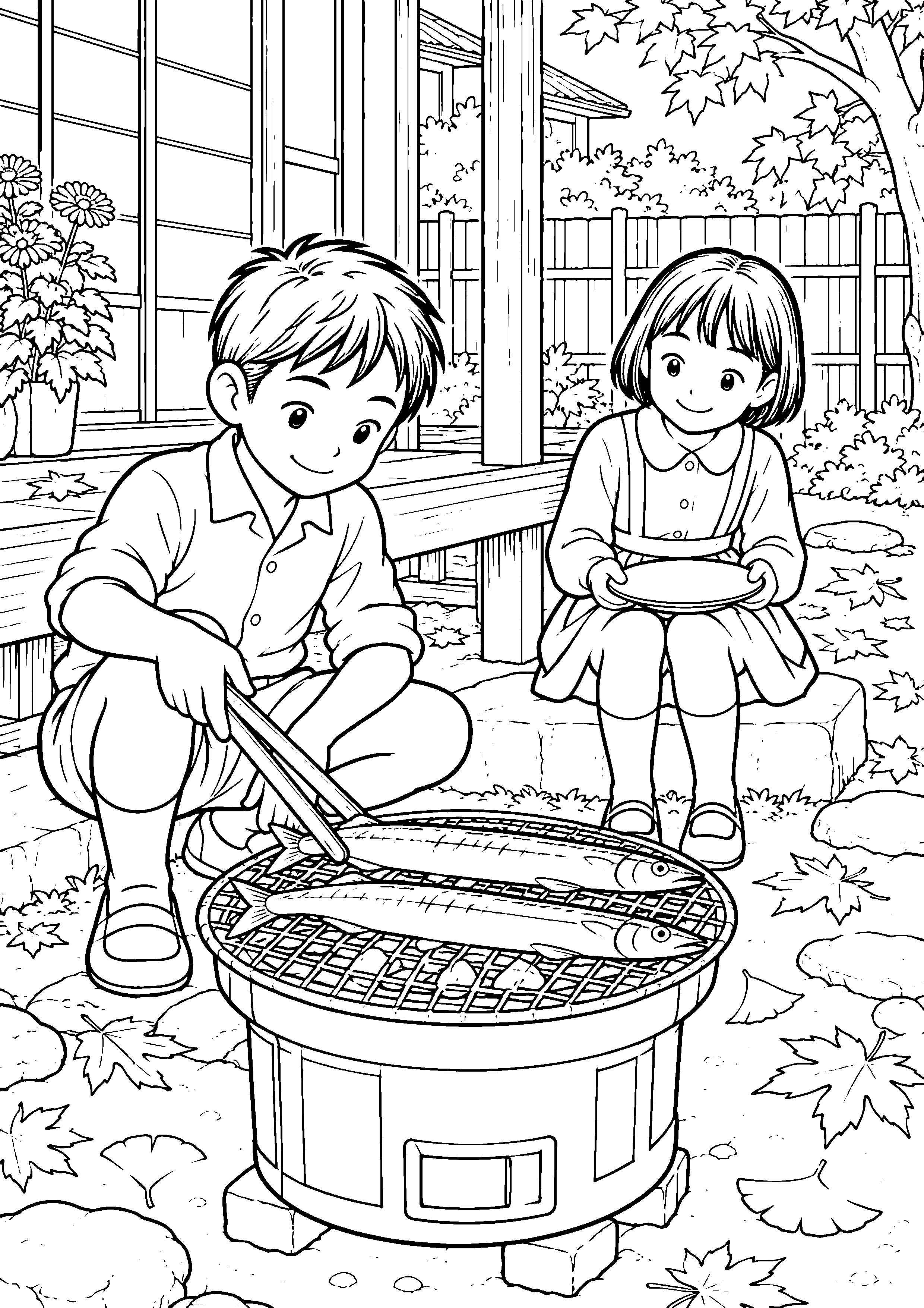 縁側近くの七輪でさんまを焼く子どもたちの白黒塗り絵