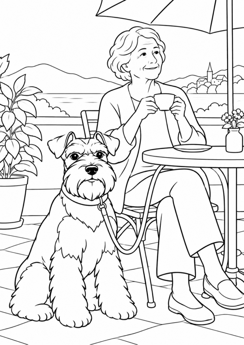 カフェでくつろぐシュナウザーを描いた高齢者向けの白黒線画塗り絵