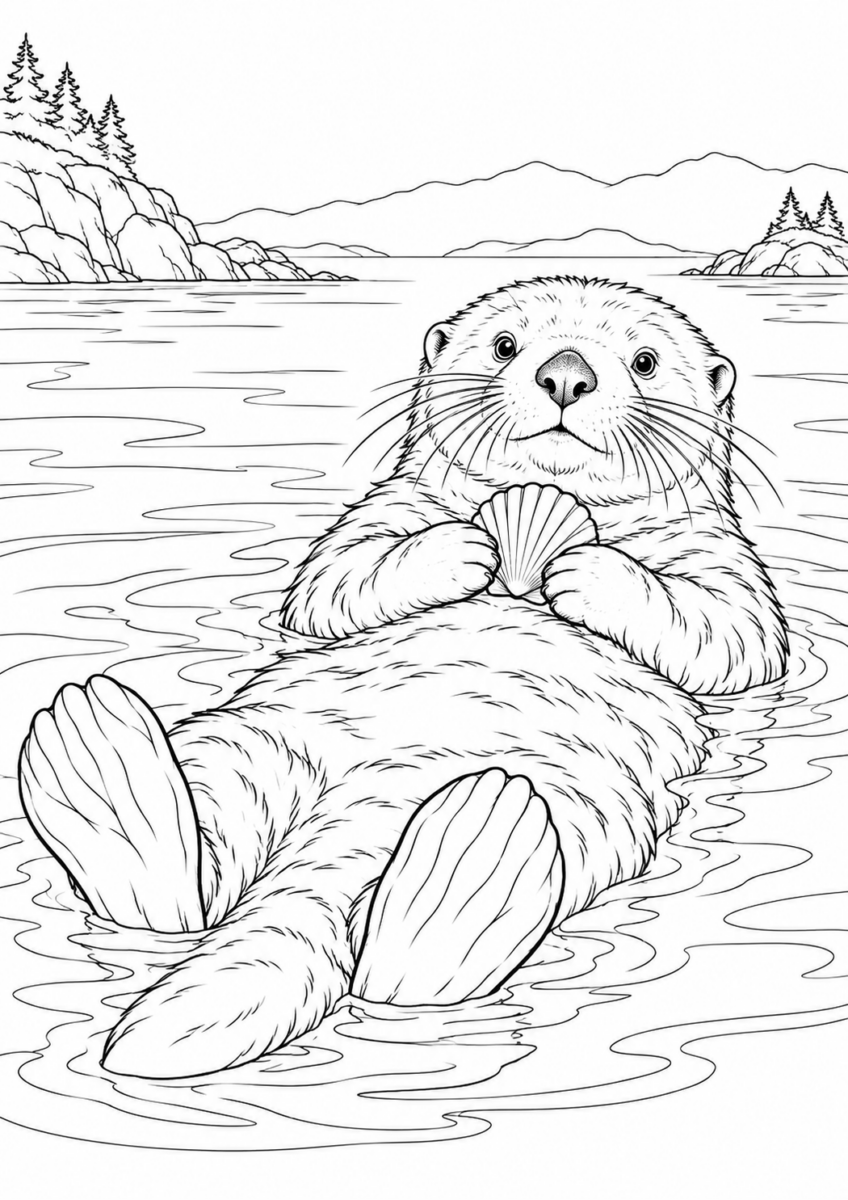 貝を抱くラッコを描いた高齢者向けの白黒線画塗り絵