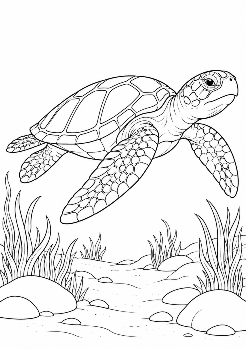 海を泳ぐウミガメを描いた高齢者向けの白黒線画塗り絵