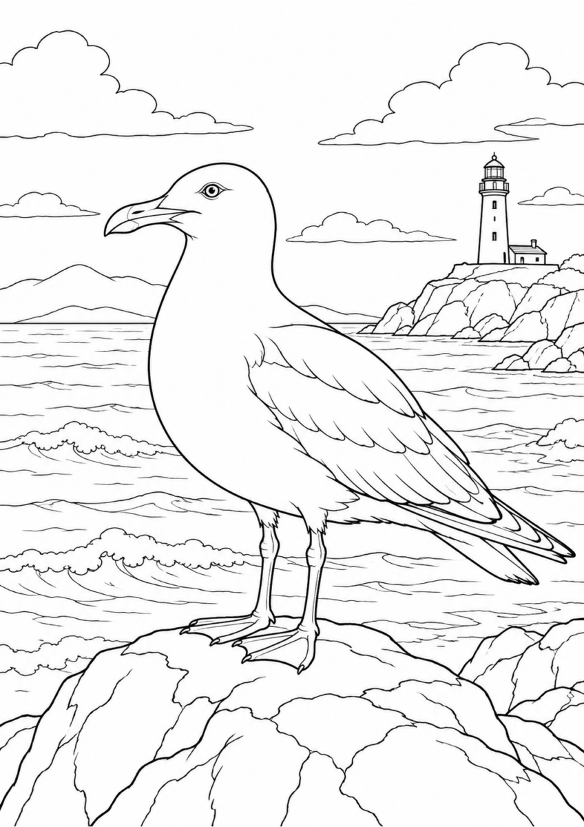 海辺のカモメを描いた高齢者向けの白黒線画塗り絵