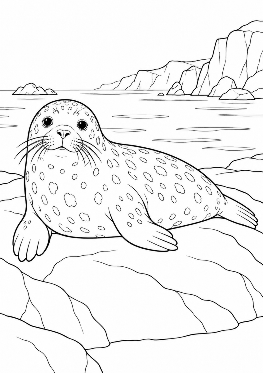 海辺で休むアザラシを描いた高齢者向けの白黒線画塗り絵