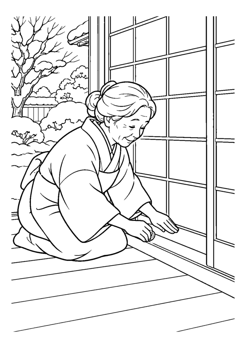 【１２月】障子の隙間を塞ぐの塗り絵
