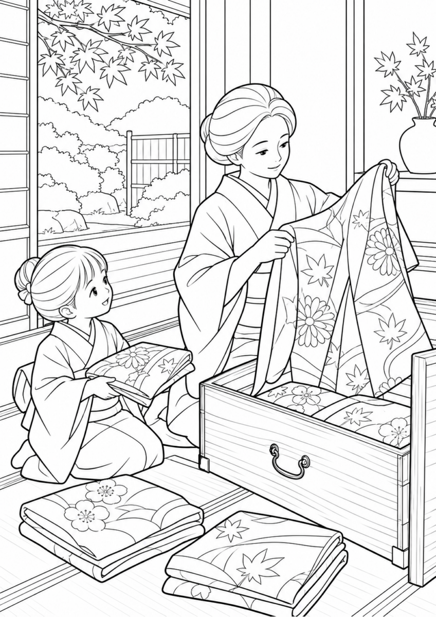 衣替えで着物を出すを10月の場面として描いた高齢者向けの白黒線画塗り絵