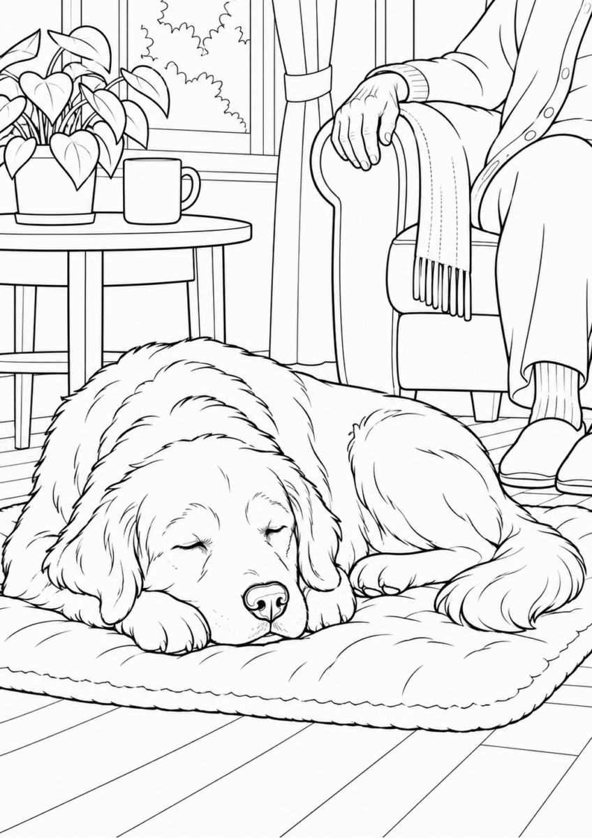 飼い主の足元で眠る老犬を描いた高齢者向けの白黒線画塗り絵