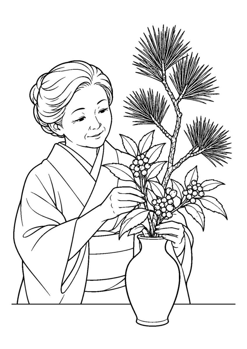 赤い実の千両と松一枝を花入れに生ける手元。白黒の高齢者向け塗り絵