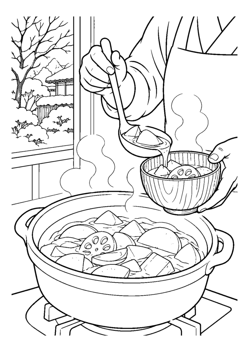 【１２月】けんちん汁をよそうの塗り絵