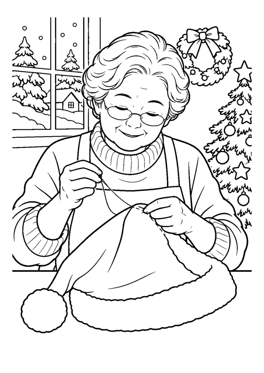 赤い布と白い縁で帽子を縫う手元。白黒の高齢者向け塗り絵