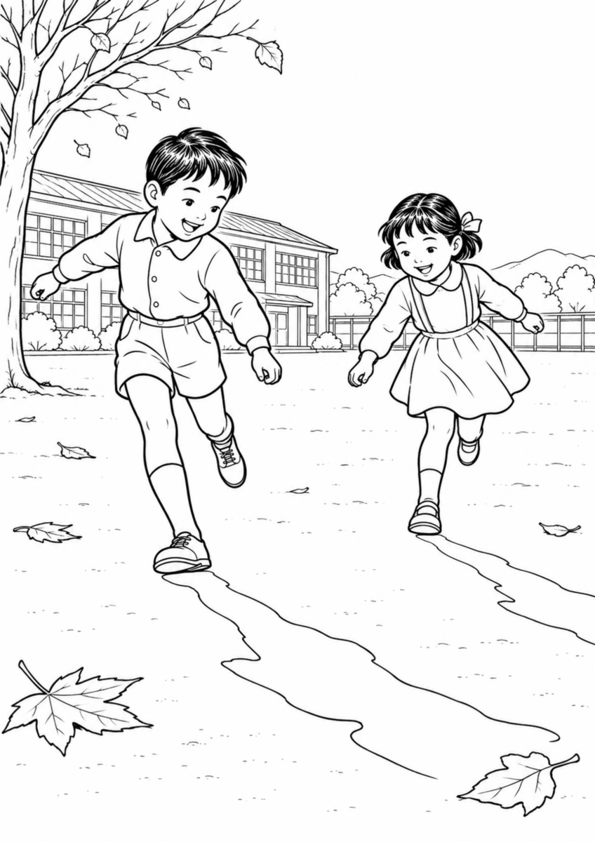 低い秋の日差しが差す校庭で、二人の子どもが長く伸びた影を踏もうとして走っている様子を、太く見やすい黒線で描いた高齢者向け塗り絵