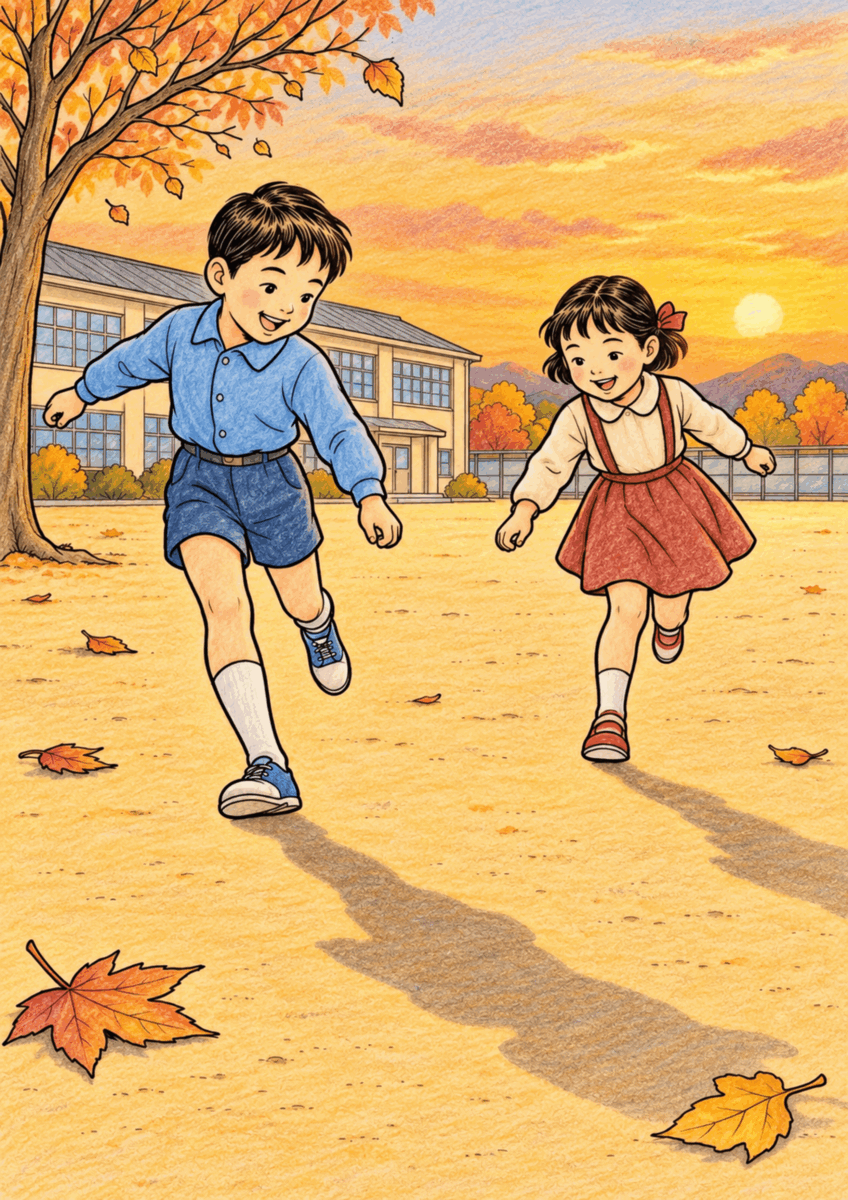 低い秋の日差しが差す校庭で、二人の子どもが長く伸びた影を踏もうとして走っている同じ構図を、金色の夕方、黄土色の校庭、青と赤茶の服でやさしく彩った着色見本