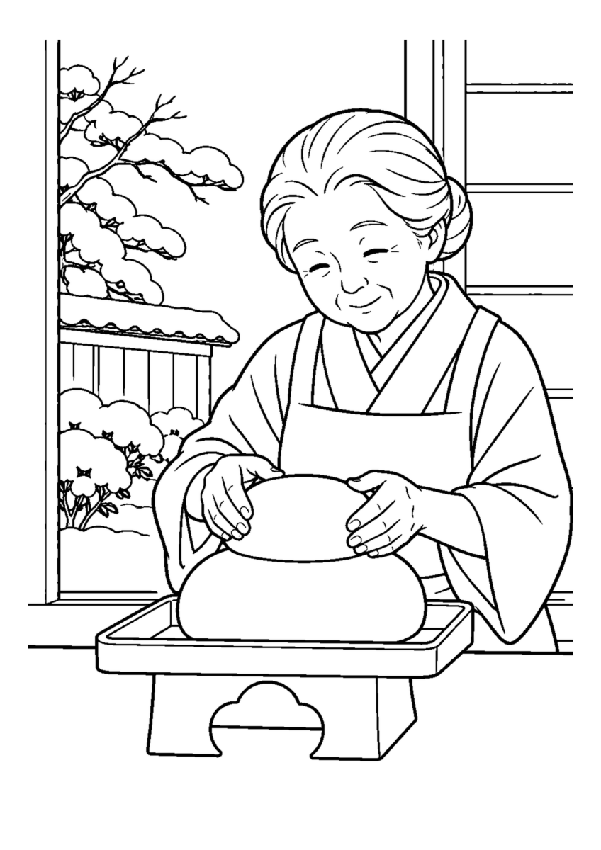 大小2つの丸餅を手で整え盆に重ねる。白黒の高齢者向け塗り絵