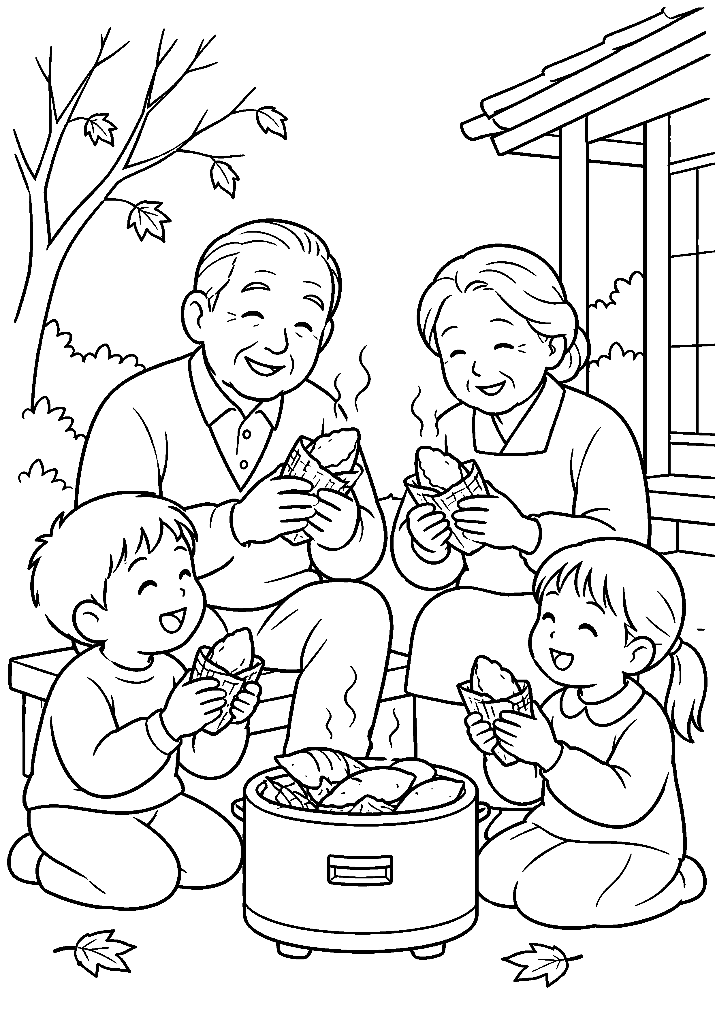 晩秋の庭先で、祖父母と子どもたちが新聞紙に包んだ焼き芋を半分に割って分け合っている様子を、太く見やすい黒線で描いた高齢者向け塗り絵