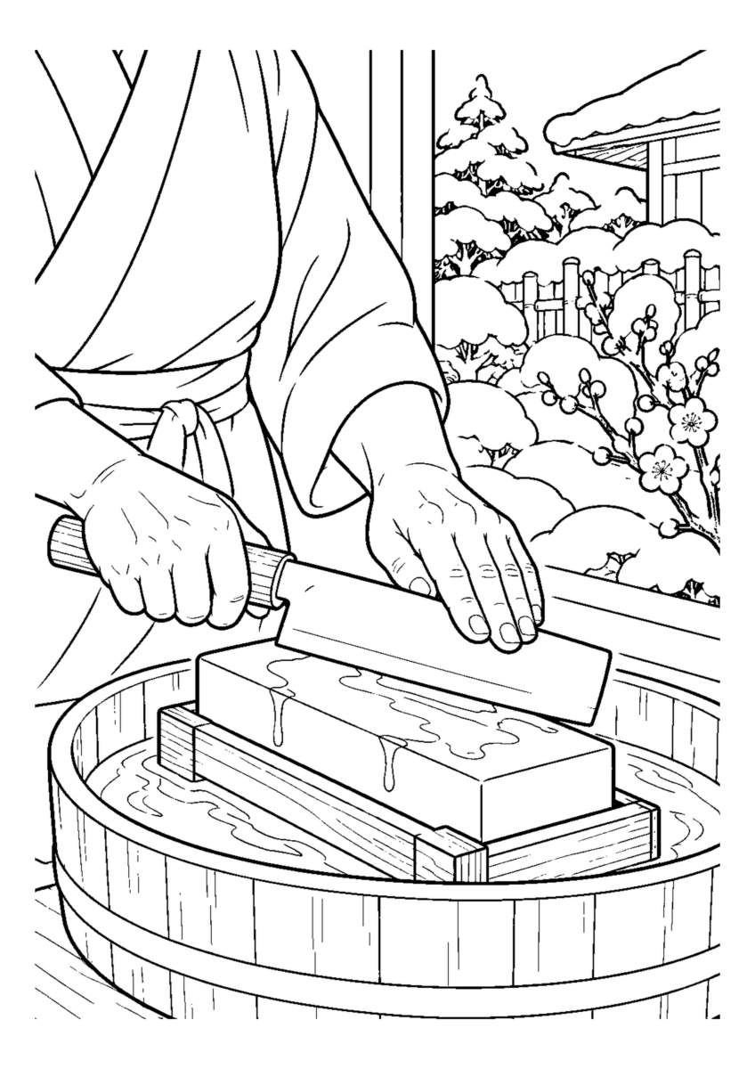砥石で菜切り包丁を研ぐ手元。白黒の高齢者向け塗り絵