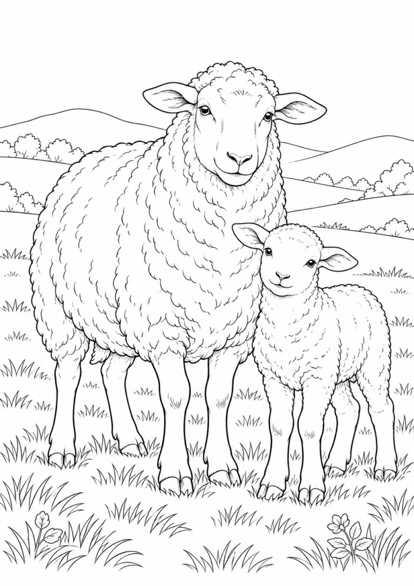 羊の親子を描いた高齢者向けの白黒線画塗り絵