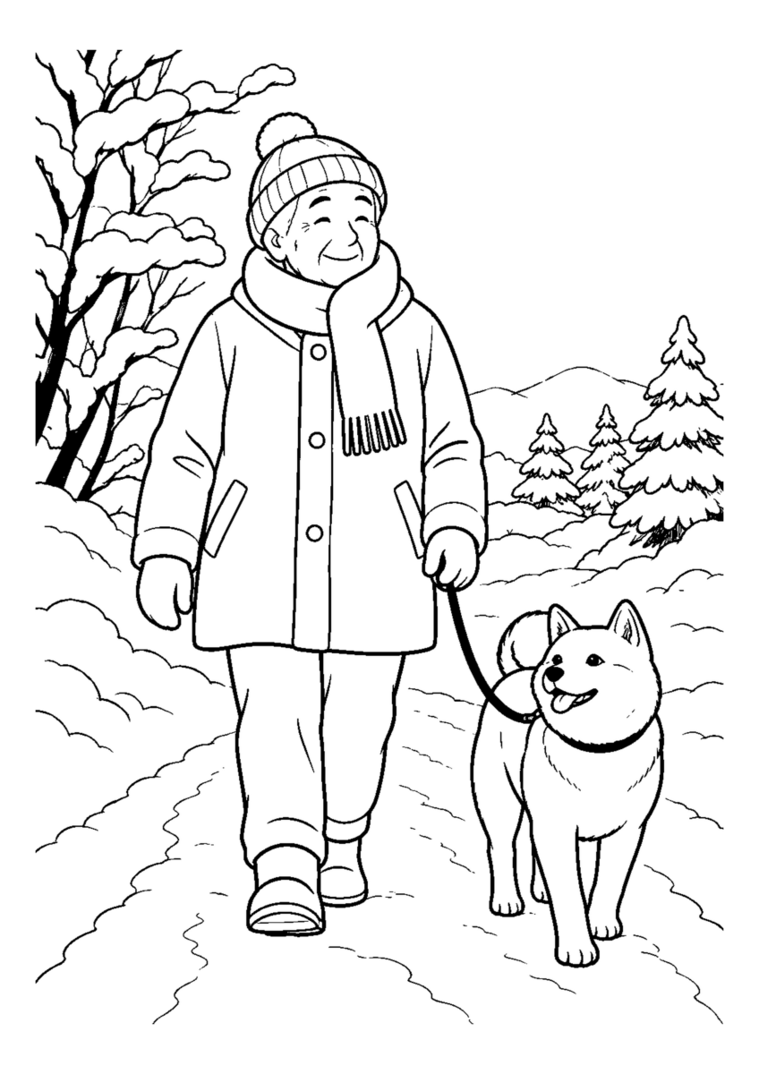 防寒着の高齢者と柴犬1匹が雪道を歩く。白黒の高齢者向け塗り絵