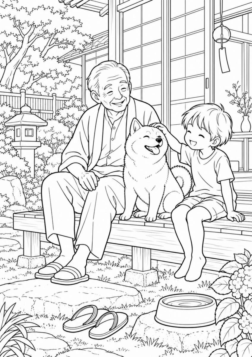 【生き物】縁側の柴犬の塗り絵