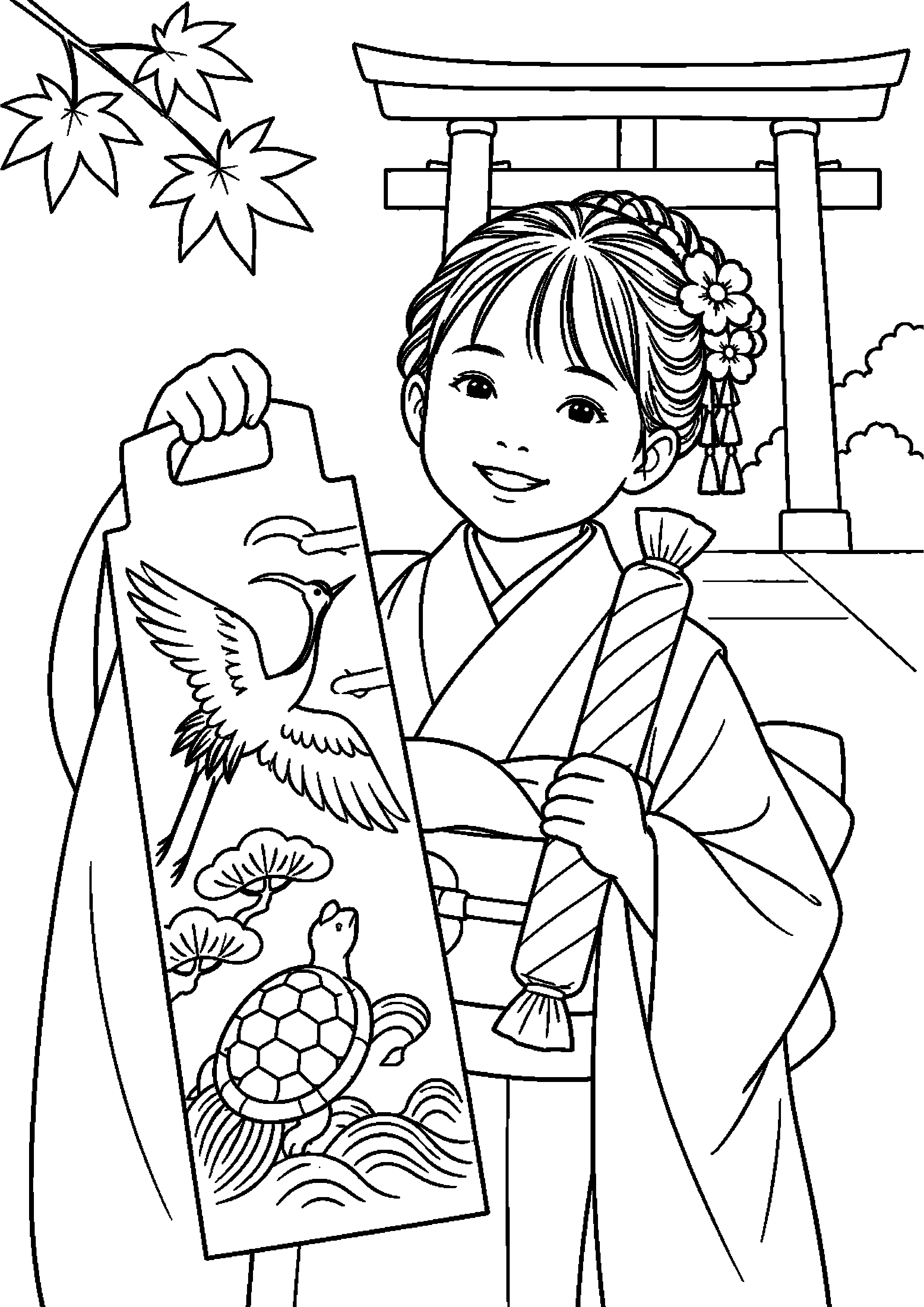 鶴亀模様の長い袋と千歳飴を大きく描く高齢者向けの白黒塗り絵